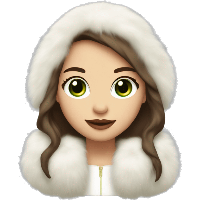 girl with long straight brown hair and big lips and a light skin color and green eyes wearing fluffy white ear muffs and a white fur coat  emoji