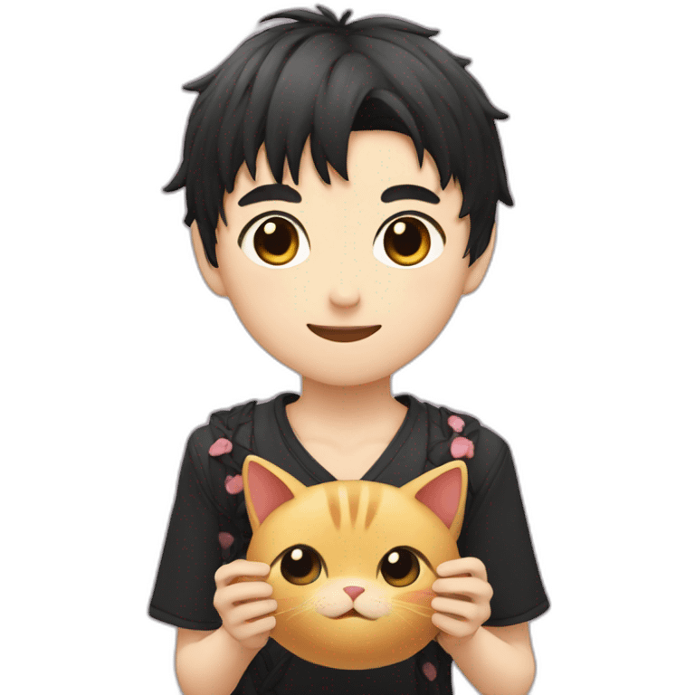 Japanese boy, with black cat eats and a cute hair style emoji