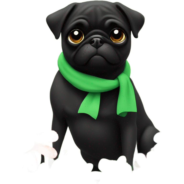 Black pug , surrounded by flowers, holding a green sign that says “good luck”  emoji