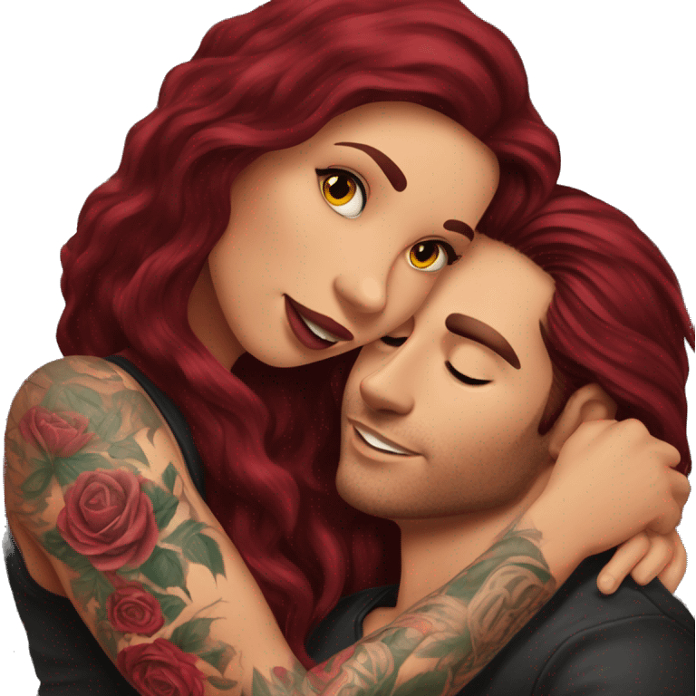 Beautiful tattooed burgundy long haired woman laying on the boyfriends chest emoji