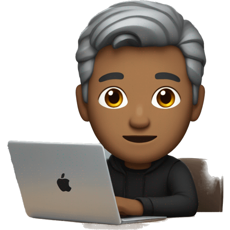 memoji of a white man with a laptop in front, apple-style,modern,dark grey hair, black sweater,computer in hand, srilankan brown skin, sitting on his desk emoji