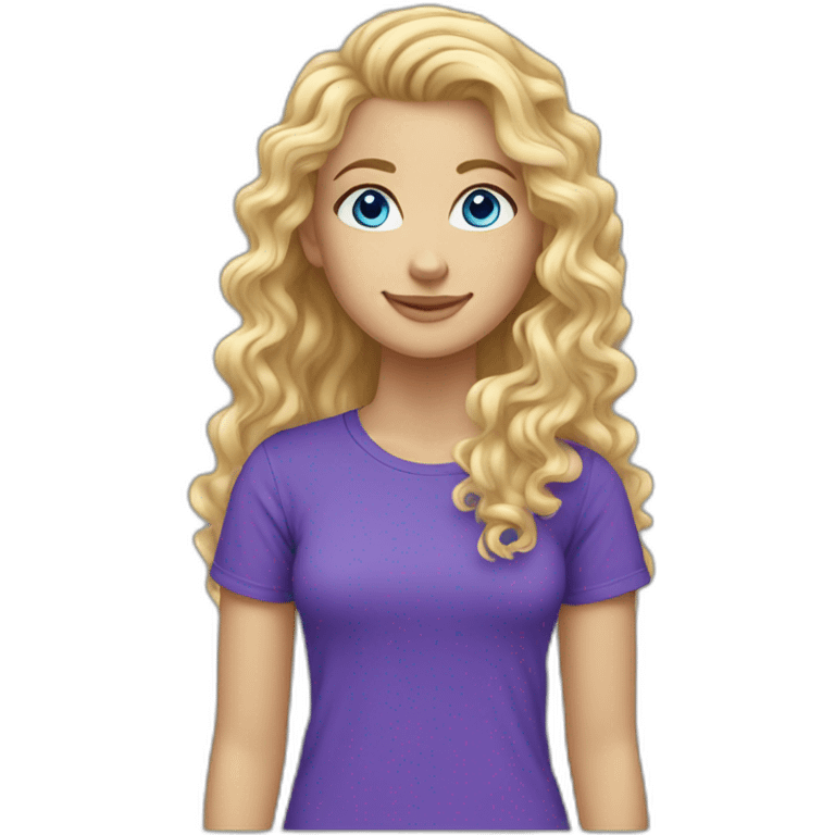 caucasian curly blonde long haired blue eyes woman purple t-shirt emoji