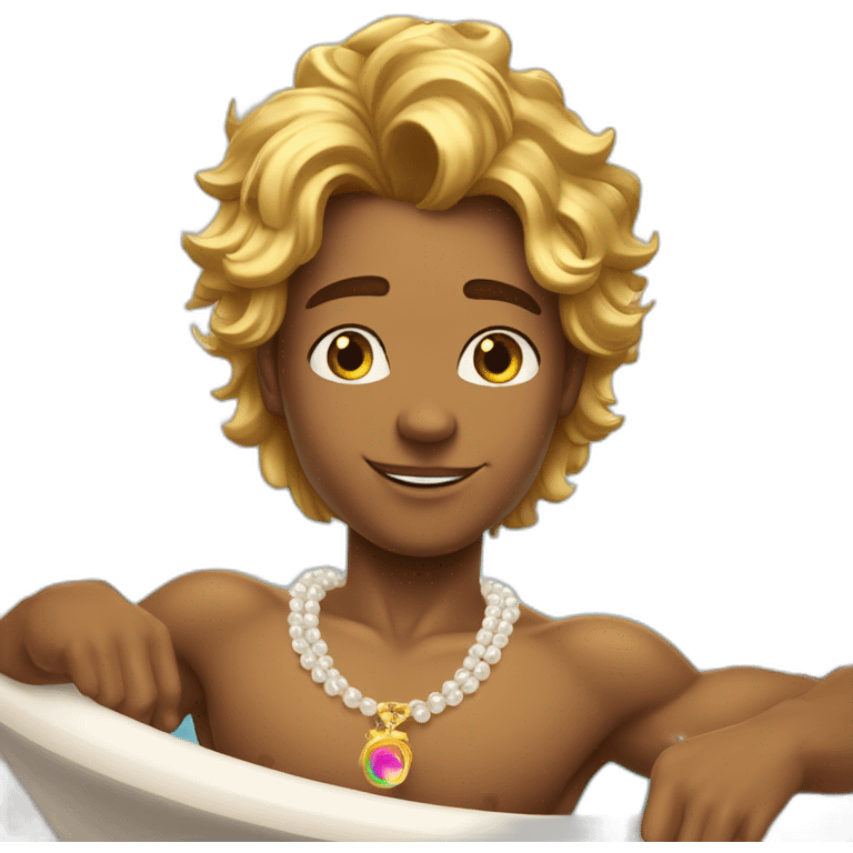 Posh-muscle-boy-with-pearl-necklace-and-rainbow-unicorn-hair-in-golden-bathtub emoji