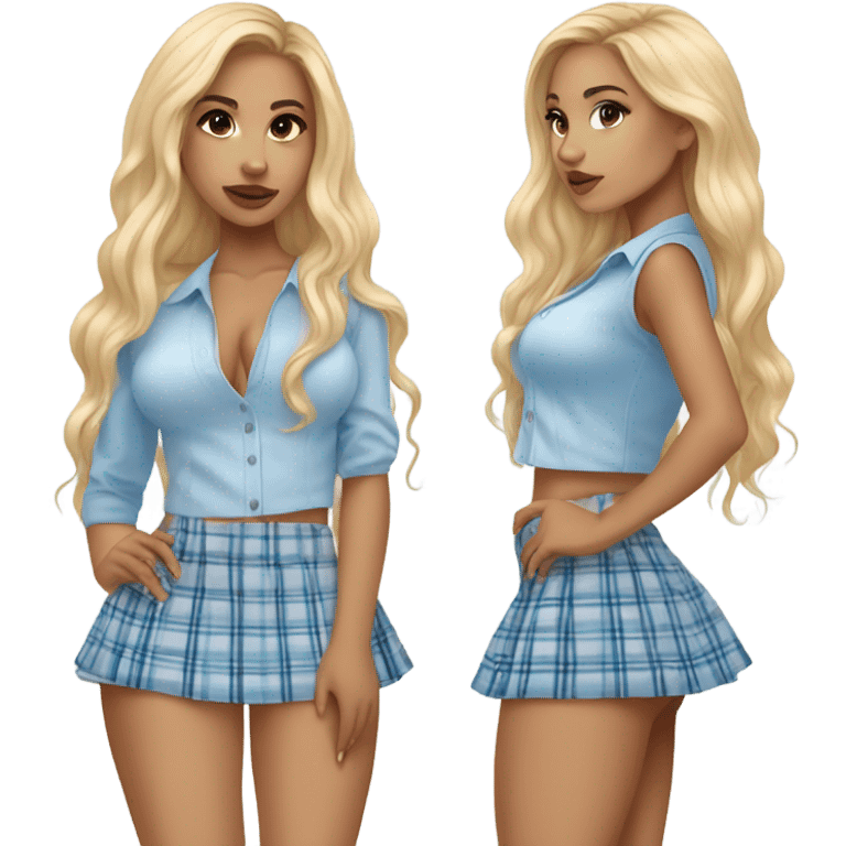 Pretty mixed girl with long blonde hair wearing a baby blue and white plaid mini skirt  emoji