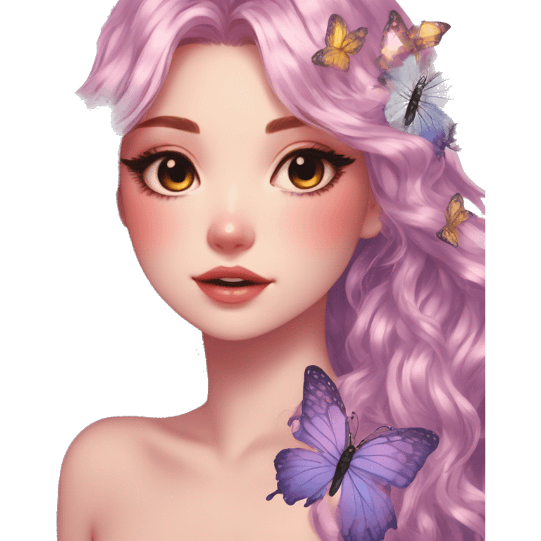 gorgeous shiny blushing anime lady with butterflies and beautiful hair fairycore high quality detailed vogue trending aesthetic emoji