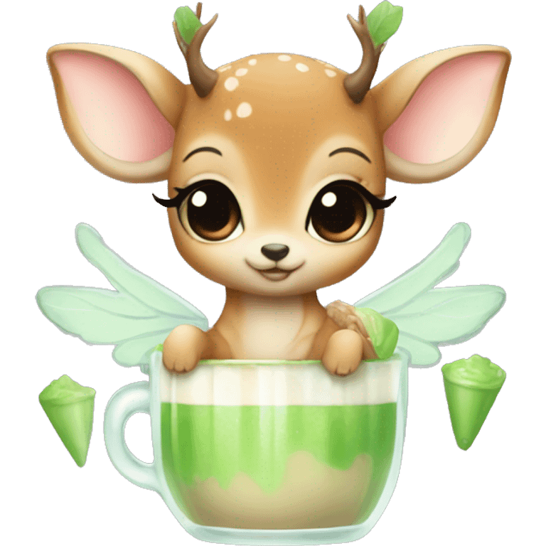 baby deer with fairy wings drinking iced matcha latte  emoji