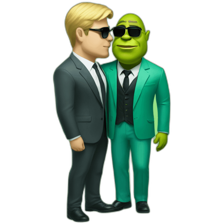 shrek kissing with white-guy-in-gradient-green-blue-suit-with-blonde-hair-and-black-sunglasses-standing-with-black-shoes emoji