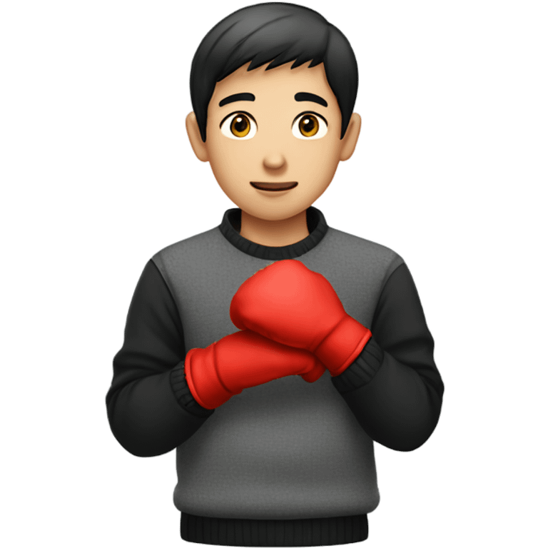 Asian boy wearing red gloves on hands and black sweater emoji