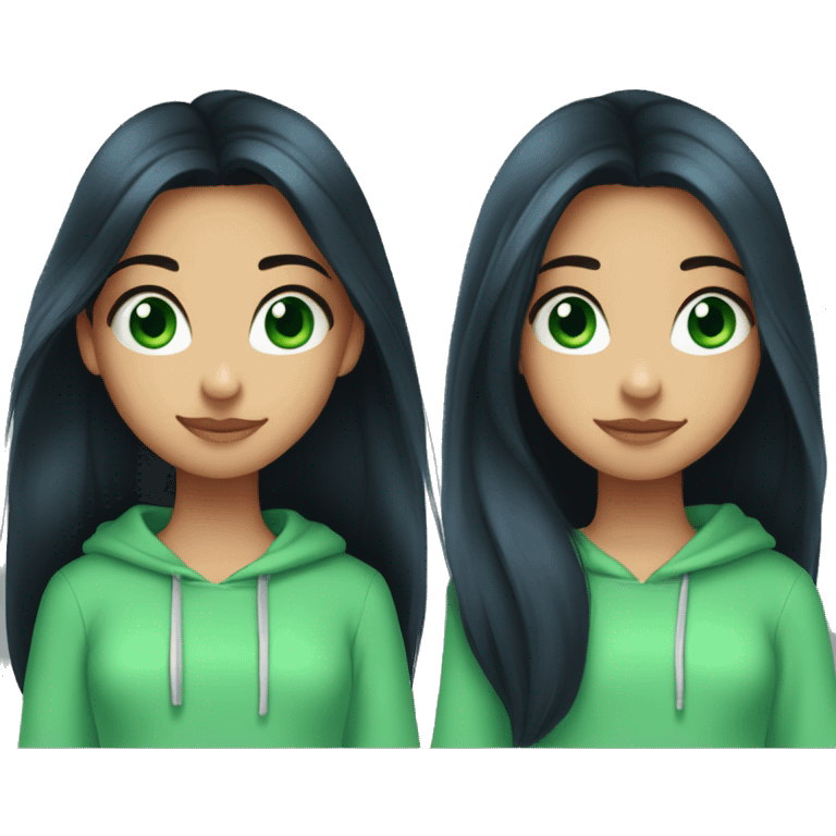 girl 18 years old with black long hair and green blue eyes and a pretty Disney appearance in a blue sweatshirt looking straight emoji