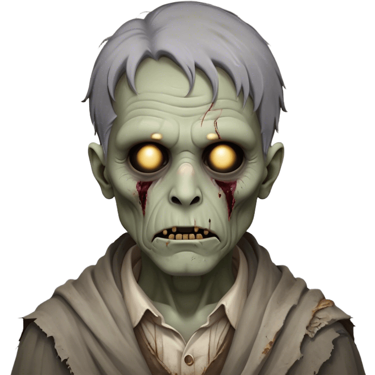 Cinematic Noble Zombie Portrait Emoji, Surprisingly dignified and somber, with a decaying yet strangely regal visage in ashen grays and muted tones, draped in tattered attire hinting at a lost grandeur, simplified yet meticulously detailed, glowing with a soft, eerie radiance and a gentle outline that evokes the tragic nobility of the undead! emoji