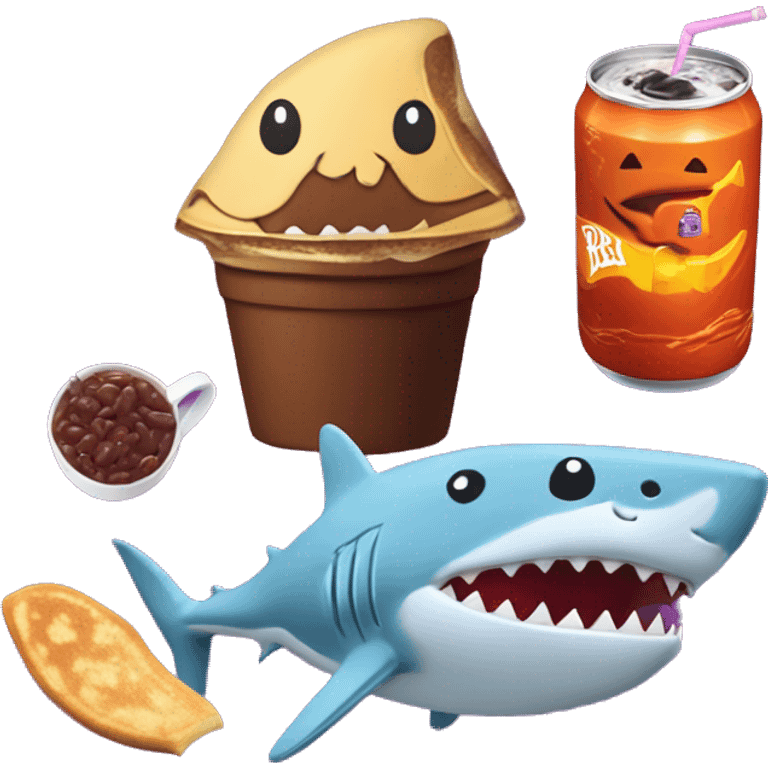 Jumbo scary pancake hallowen dark red bean with happy smile and shark with he baby and drink fanta in cup and mentos emoji