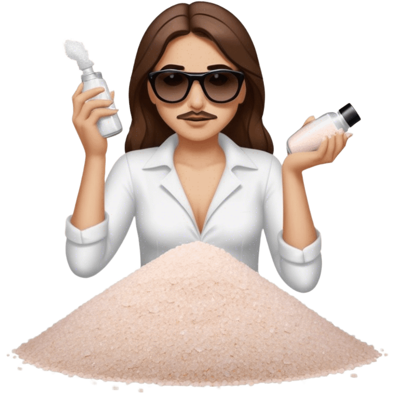 White woman with brown hair posing as salt bae with sunglasses sprinkling salt on top of a pile of makeup emoji