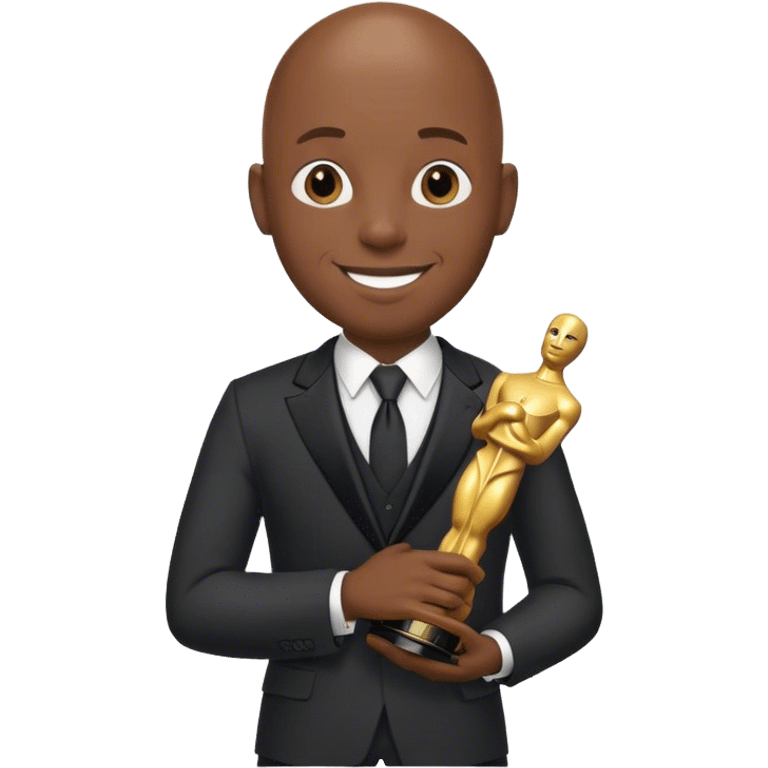 smiling bald black man in suit holding an Oscar emoji