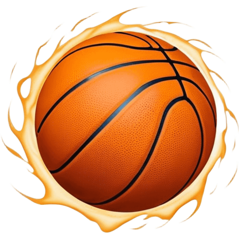 Cinematic Realistic image of a basketball captured in dynamic motion, with detailed surface textures and a slight motion blur, set against a vibrant urban backdrop with energetic lighting emoji