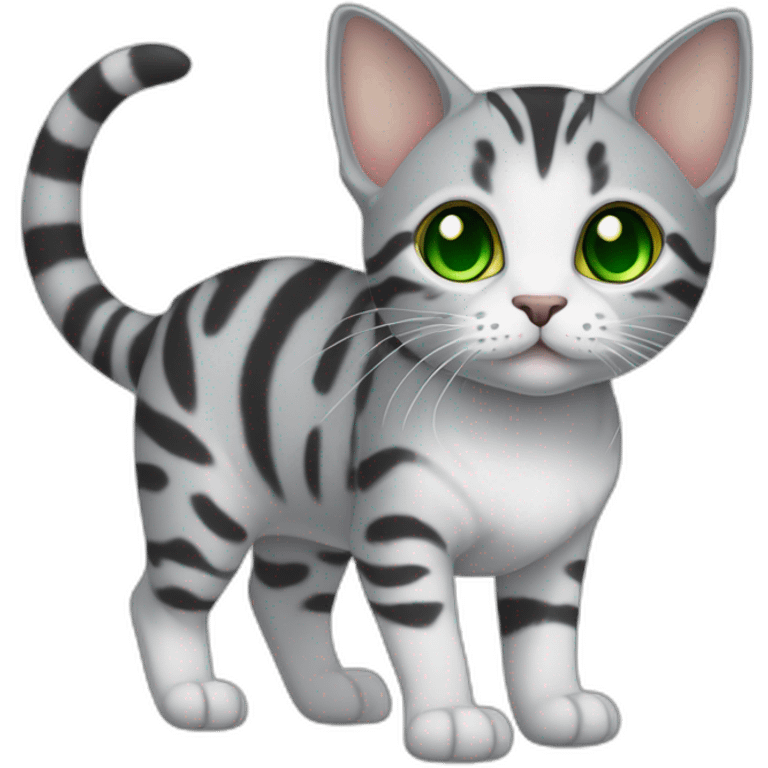 cuddly light white and grey domestic shorthair tabby with green and blue eyes black pupils, walking and playing wearing a cute costume female emoji