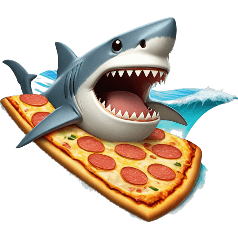 shark riding surf board eating a pizza on a wave emoji