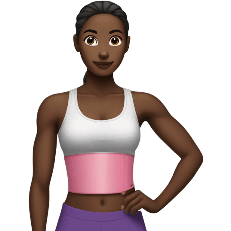 Dark skinned black woman in ponytail drinking smoothie in workout clothes emoji