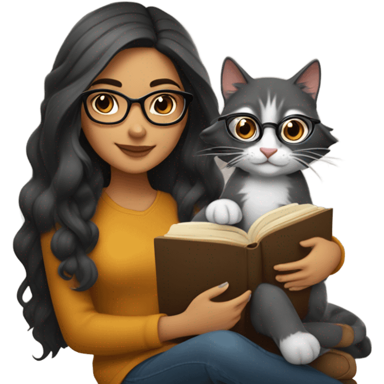 Beautiful Hispanic girl, wearing glasses, long dark- gray hair, sitting with a cat and book on her lap.  She’s wearing fall colors.  emoji