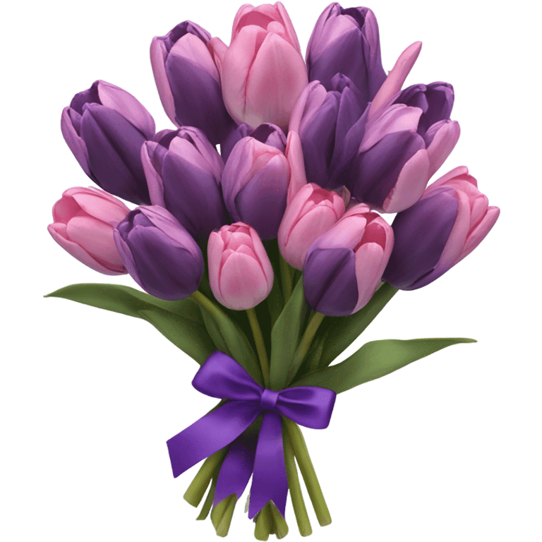 beautiful aesthetic bouquet composed of dark purple and light pink tulips tied with a silk purple ribbon emoji