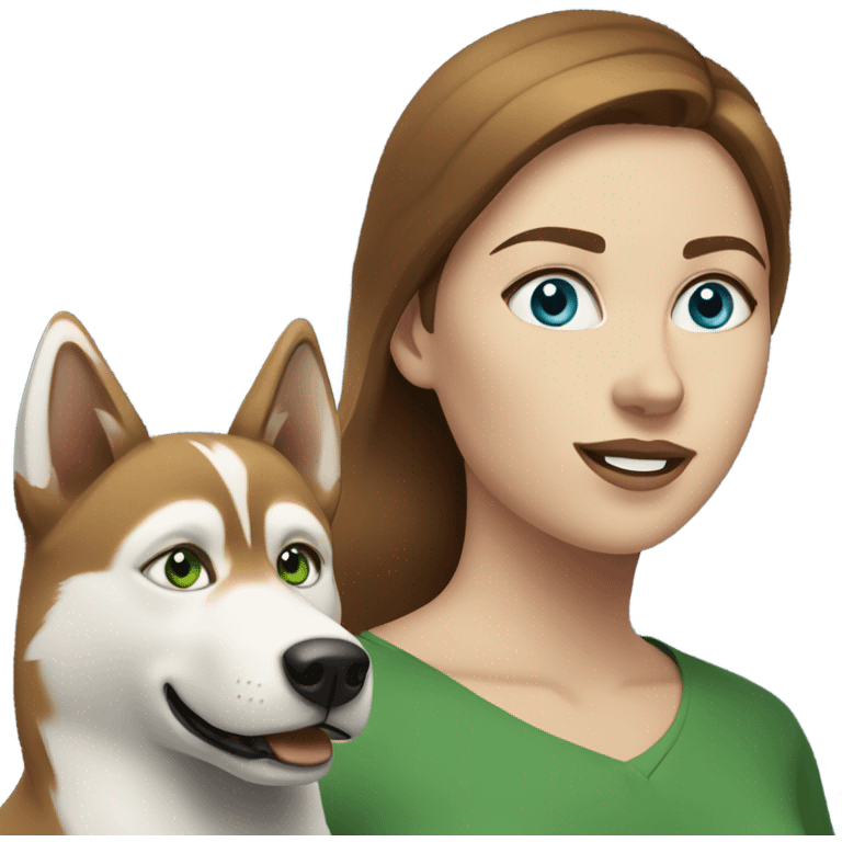 White Woman hair brown and bleus eyes and golden Husky With green eyes emoji