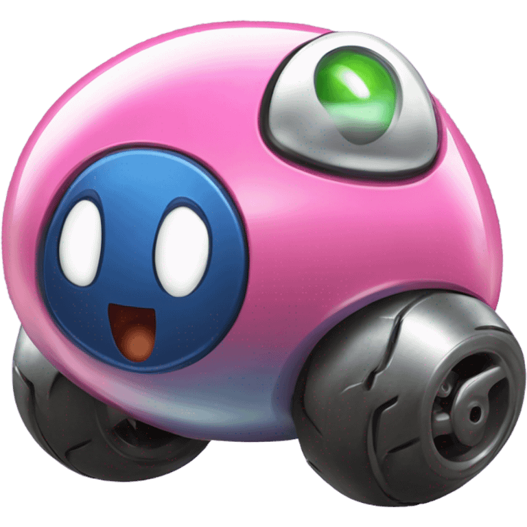 Metal cute Kirby ball driving on 4 car wheels emoji