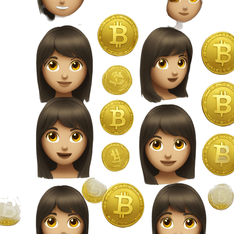 Girl with dark brown hair and bangs takes bitcoins and dollars emoji