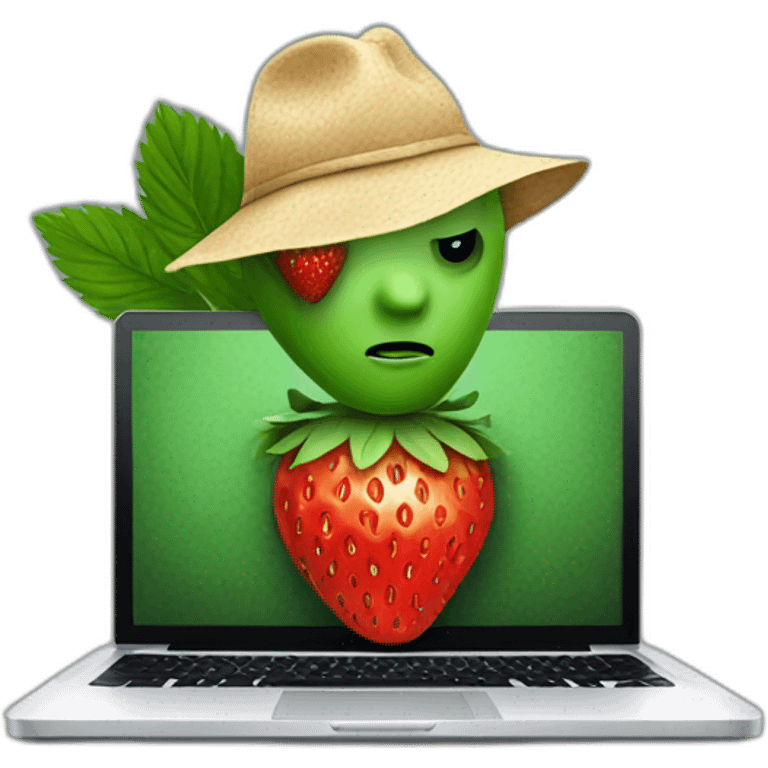 strawberry scamming who look like a human on a laptop like a bandit emoji