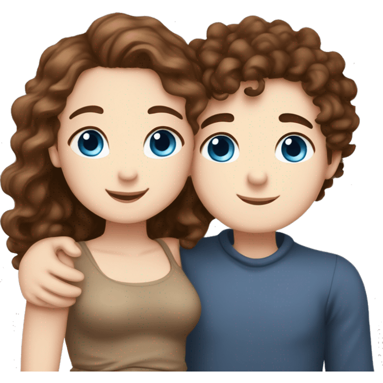 Cute chubby Girl with brown curly hair and blue eyes and pale skin with freckles hugging a tall handsome boy with brown hair brown eyes and white skin emoji