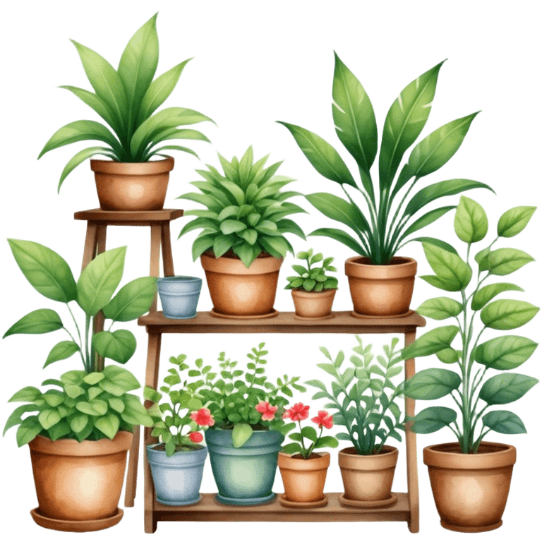 A cozy indoor garden scene with an assortment of potted plants, painted in a delicate and natural watercolor style. emoji