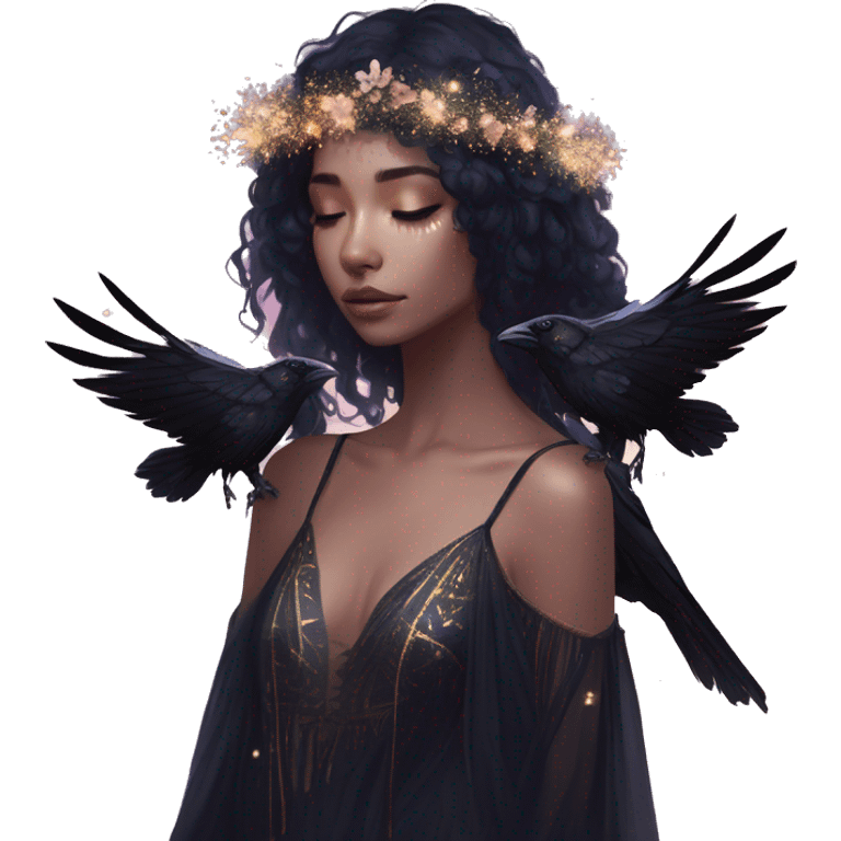 Black Raven wings bohemian girl Ethereal iridescent galaxy constellation girl angel raven wings black wings, gold arrow, nebula, flower crown, fairy lights, nature, shot by golden arrow emoji