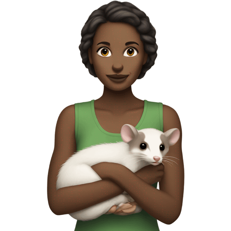 White woman dark brown hair holding opossum emoji