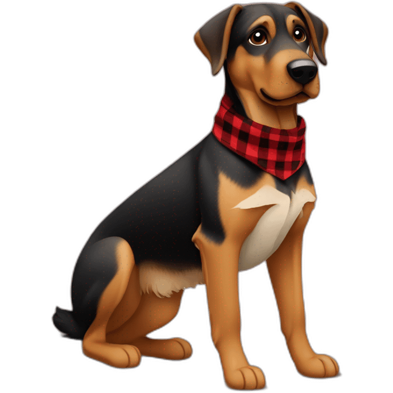 75% Coonhound 25% German Shepherd mix dog wearing small pointed red buffalo plaid bandana side view full body facing left emoji