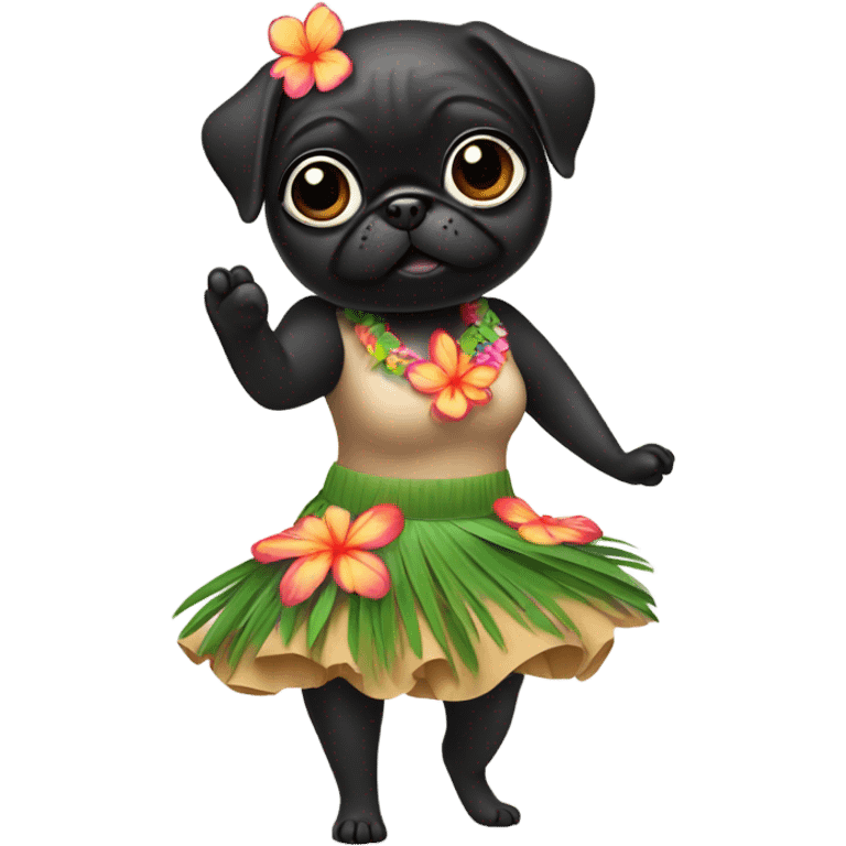 Black pug in a Hawaiian hula girl dress dancing emoji