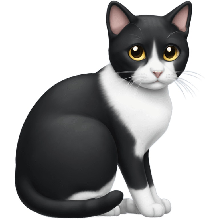 Small tuxedo short-haired cat with white fur ending at her neck emoji