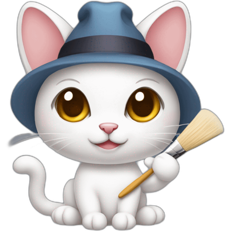 Kawaii cat artist in hat holding palette and brush so it can be used as a mouse cursor emoji