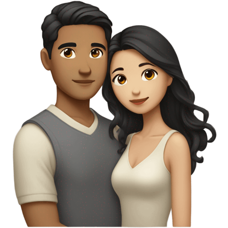 A half pale Asian man with short dark hair and amber eyes embracing and loving a half Asian woman with long wavy dark hair and dark hazel eyes. They love each other a lot And have good fashion taste. emoji