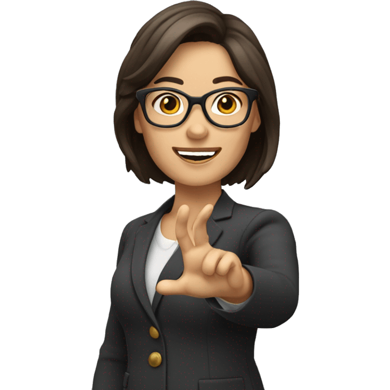 shoulder length brunette teacher wearing glasses and waving emoji