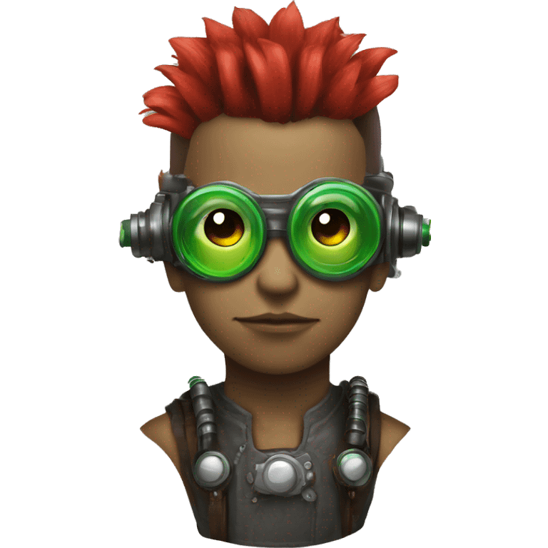 Male cyborg with thin red Mohawk and green steampunk goggles emoji