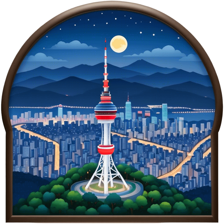 N Seoul Tower Landmark Emoji – Showing the tower atop Namsan Mountain with city lights in the background. emoji