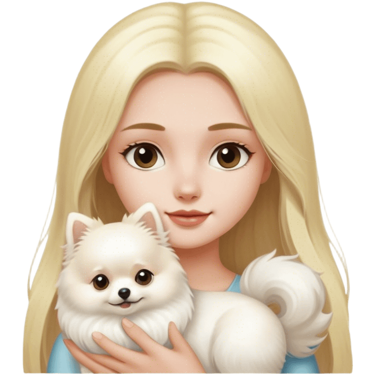 largo blond hair girl holding a white pomeranian   emoji