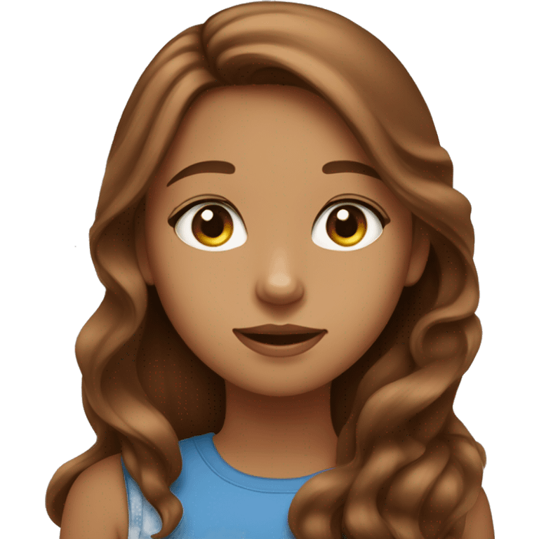 girl with long wavy brown hair, big blue eyes and Abyssinian cat emoji