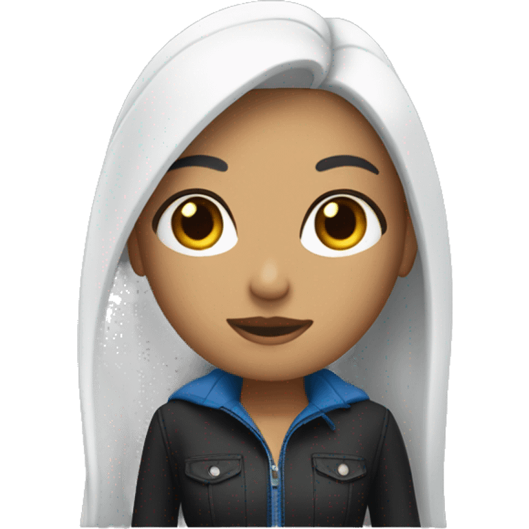 a tanned women with long straight black hair and blue skinny jeans with a long sleeve white emoji