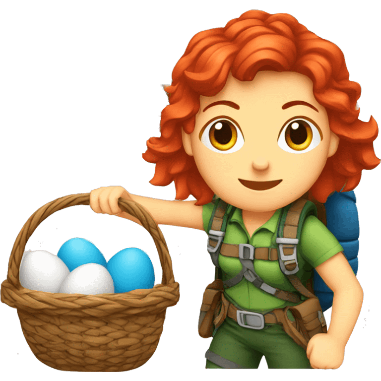 Female mountaineer red hair climbing with Easter eggsbasket and Greek flag emoji