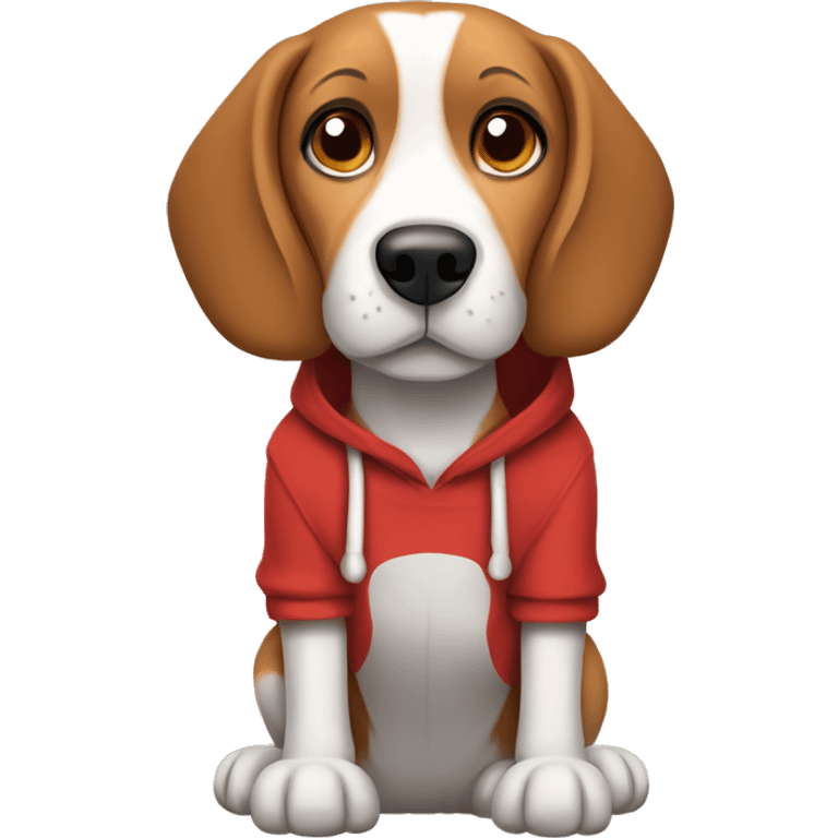 Beagle with brown ears and nose, whose body is a bit grey wearing a red hoodie which says hugs on it  emoji