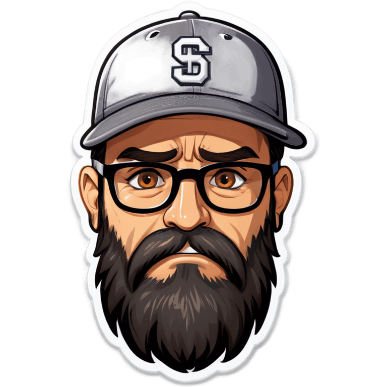 A man with a grey baseball cap, hazel eyes, big dark brown beard and glasses, crying emoji