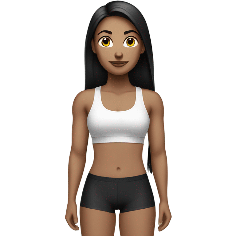 a white color skinned woman with black long straight hair wearing a workout set  emoji