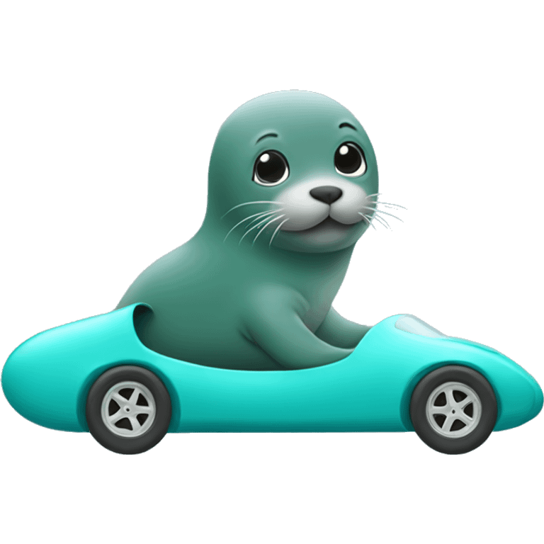 teal seal sitting in teal racecar side view emoji