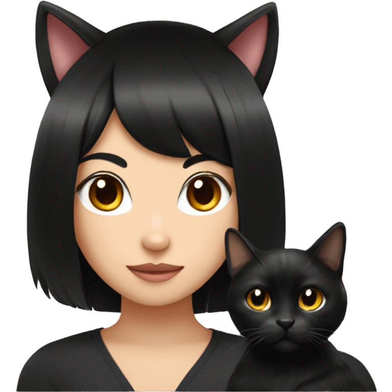 cat on asian girl long black hair with black cat emoji