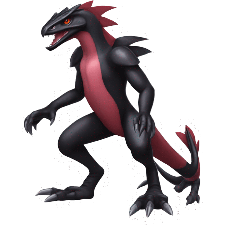 cool edgy modern black and maroon Dark-type nargacuga Salazzle Nargacuga Salandite Raptor-Pokémon full body emoji