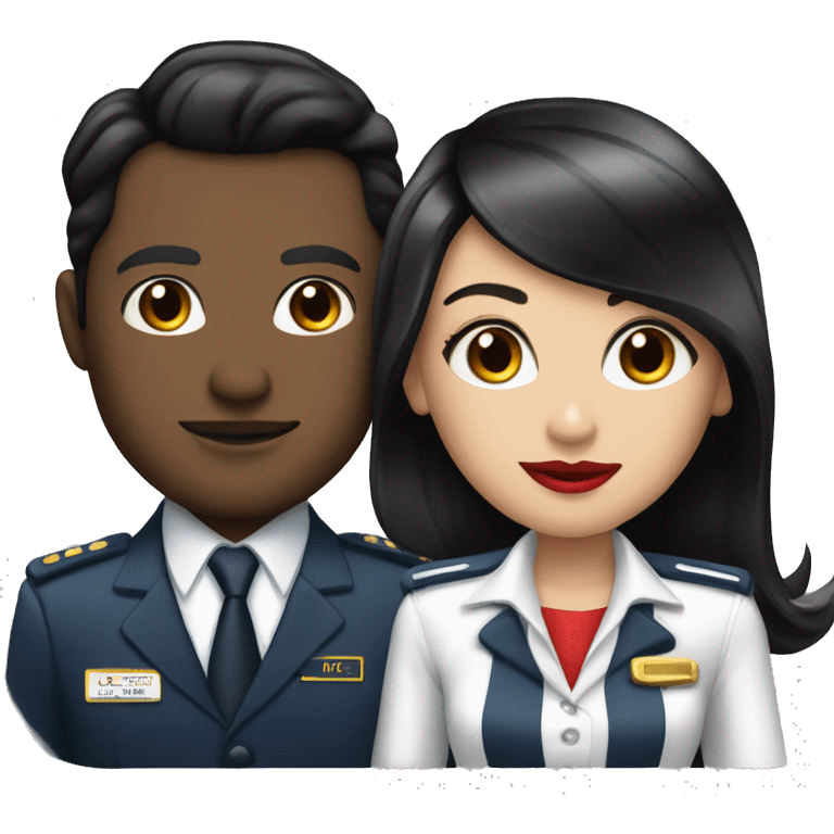 Flight attendant with long black hair, red lips and white skin with a pilot man with black hair emoji